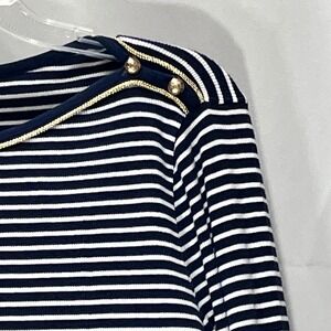 Lauren Ralph Lauren Navy White Stripe Long Sleeve Top Gold Button Nautical women